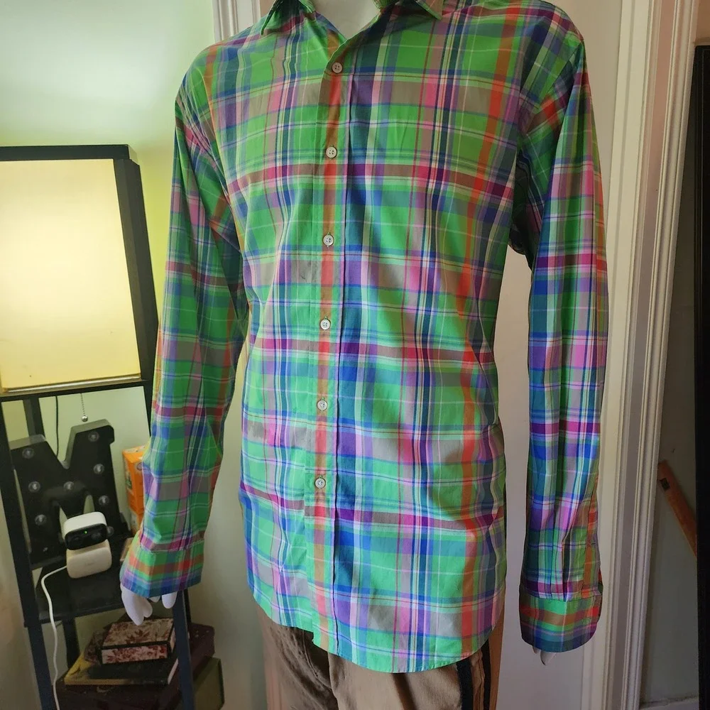 Polo Ralph Lauren Stanton Custom Fit Plaid Shirt Mens XXL Green Pink Multi Color